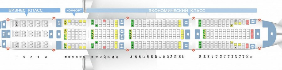 Схема салона Boeing 777-300ER Emirates: Первый класс в носу, за ним Бизнес-класс и Экономический класс по схеме 3-4-3